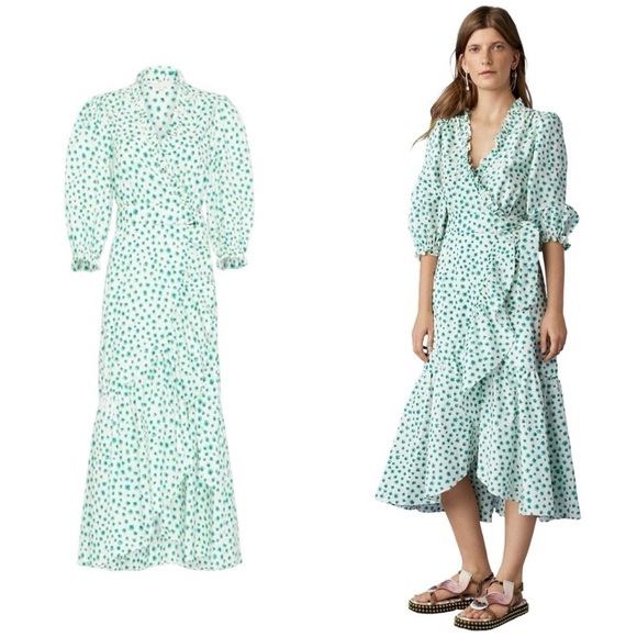 REBECCA TAYLOR Floral Wrap Ruffle Cottage Green White Midi Dress Sz 2 - Picture 1 of 8
